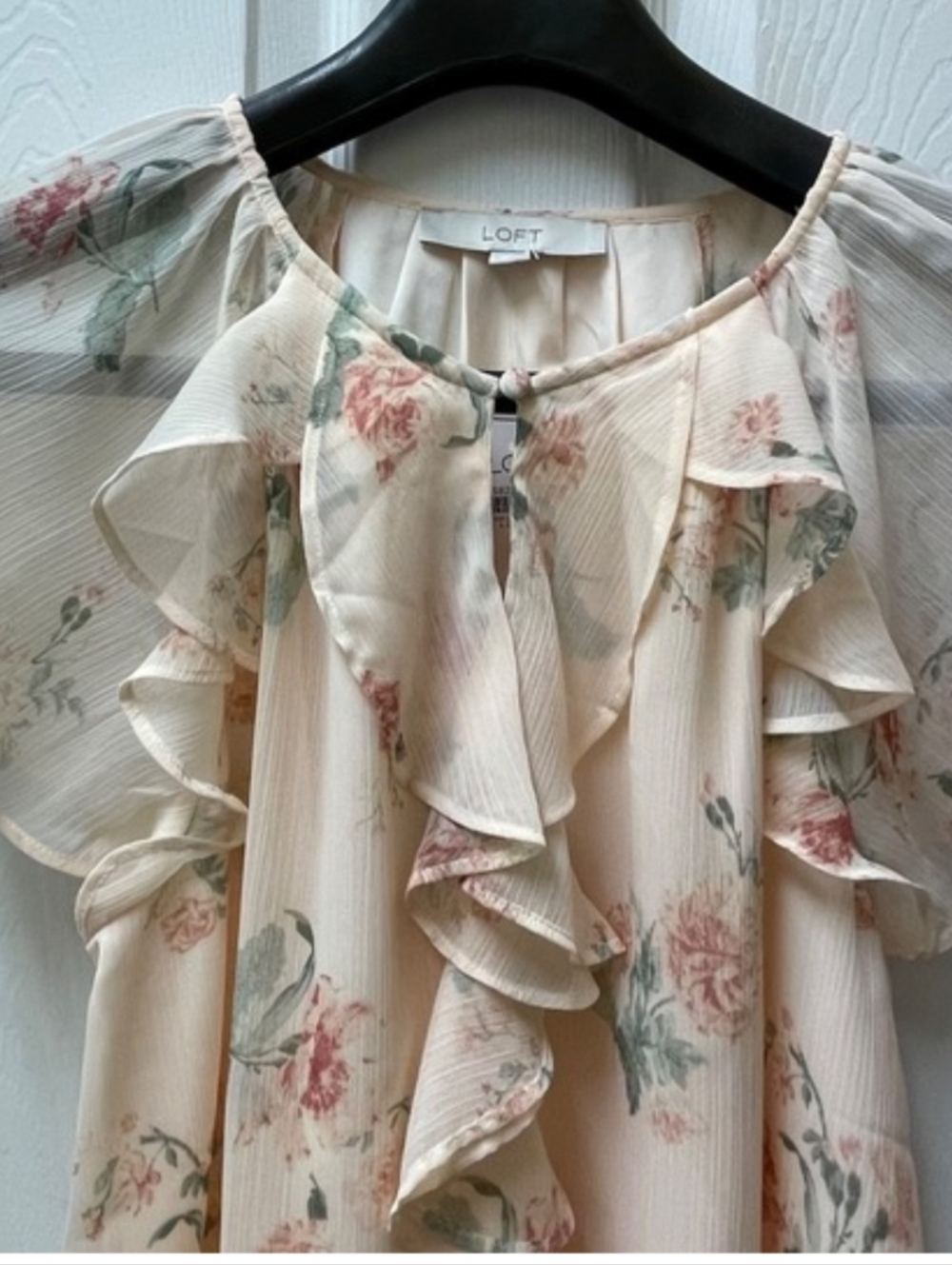 Loft Light Pink And Floral Ruffle Blouse